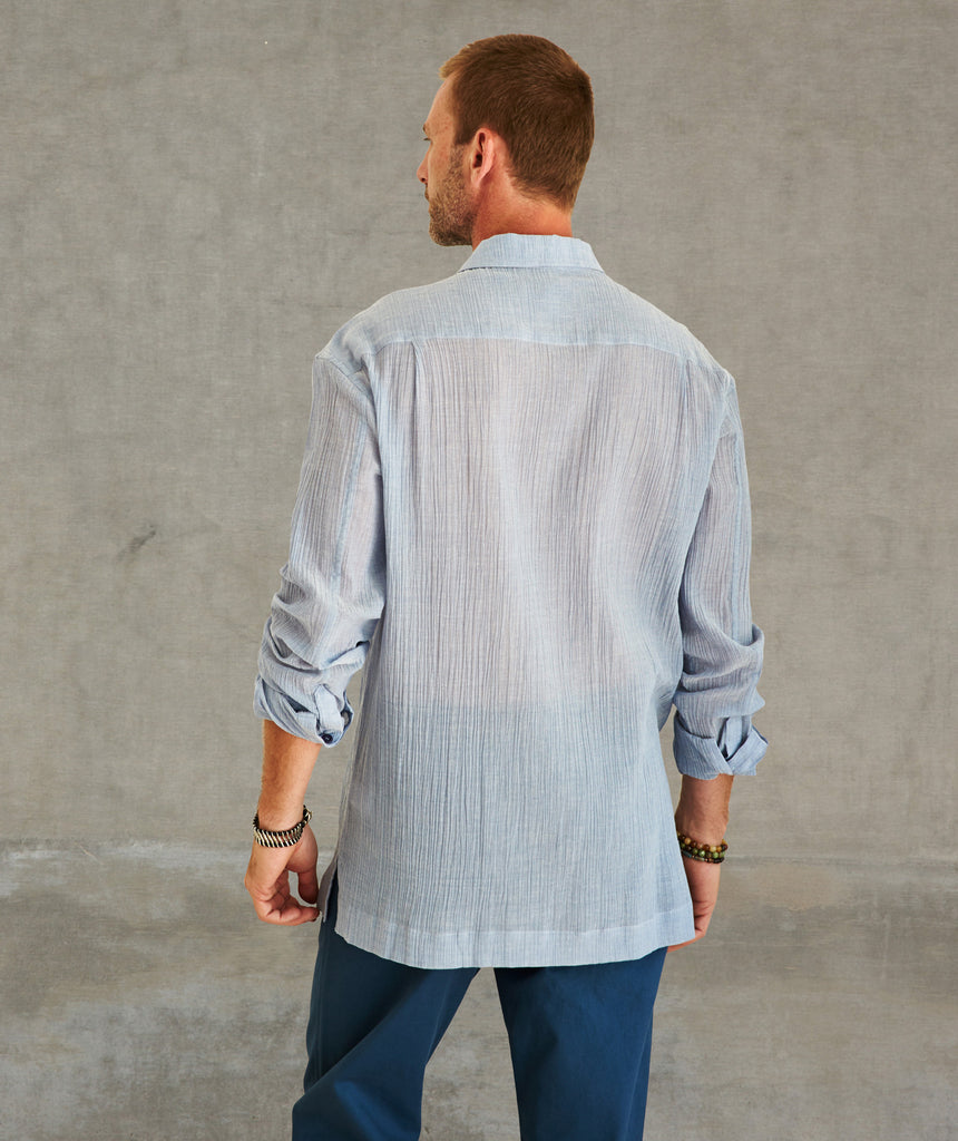 Convertible Collar Ribbed Cotton Long-Sleeve Shirt