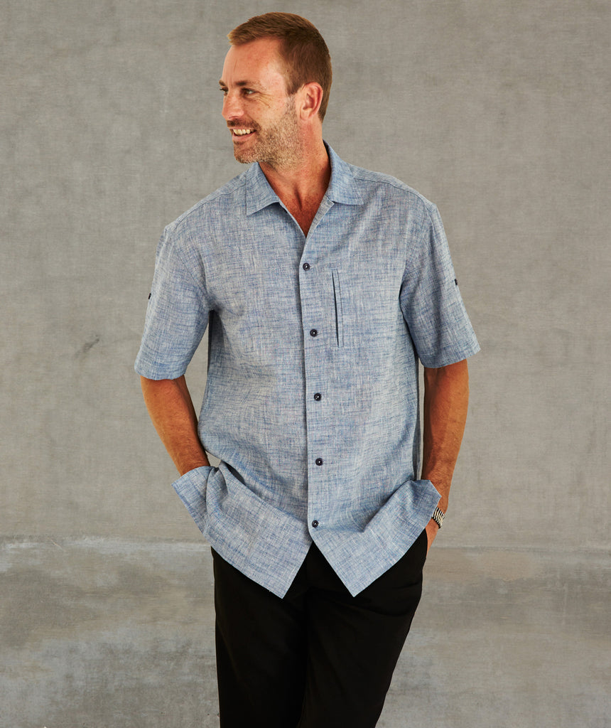 Convertible Short-Sleeve Khadi Cotton Crosshatch Shirt