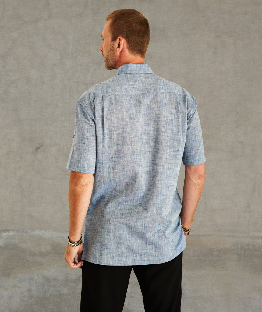 Convertible Short-Sleeve Khadi Cotton Crosshatch Shirt