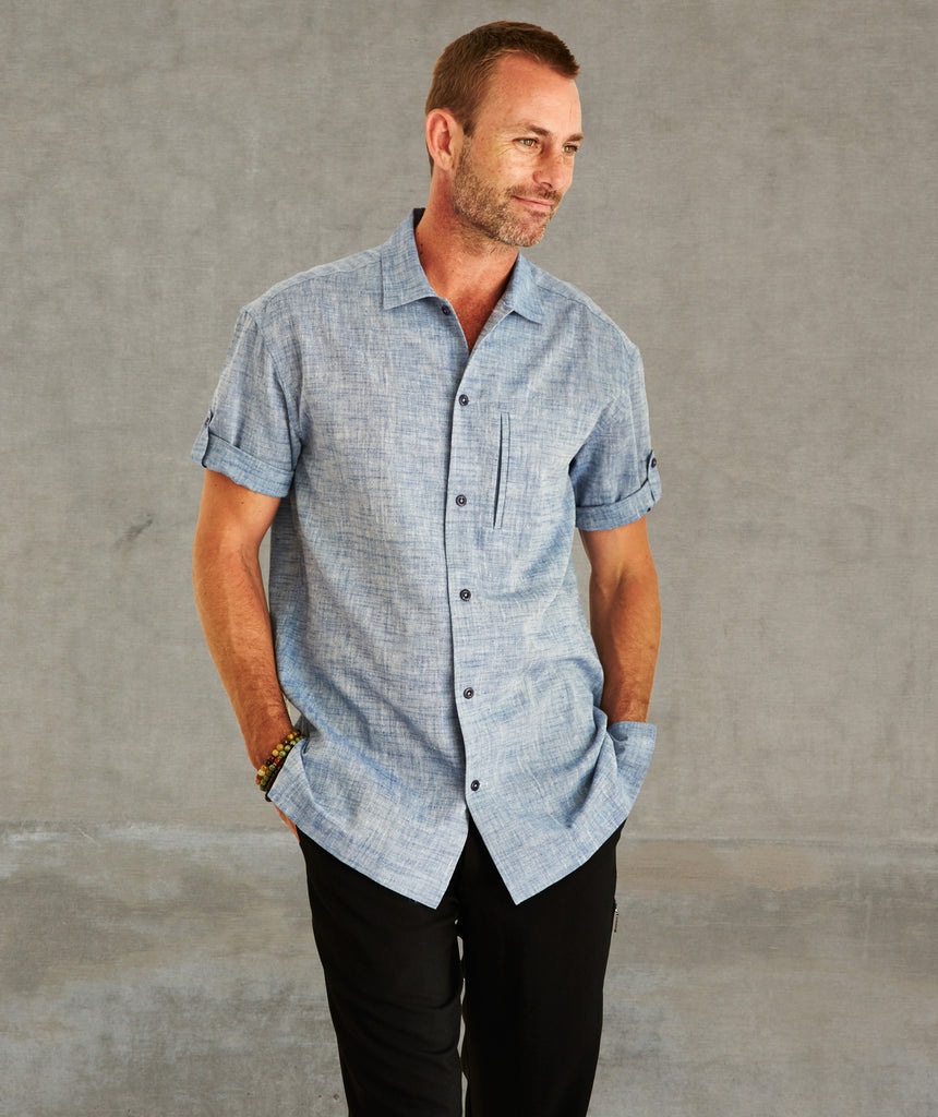 Convertible Short-Sleeve Khadi Cotton Crosshatch Shirt