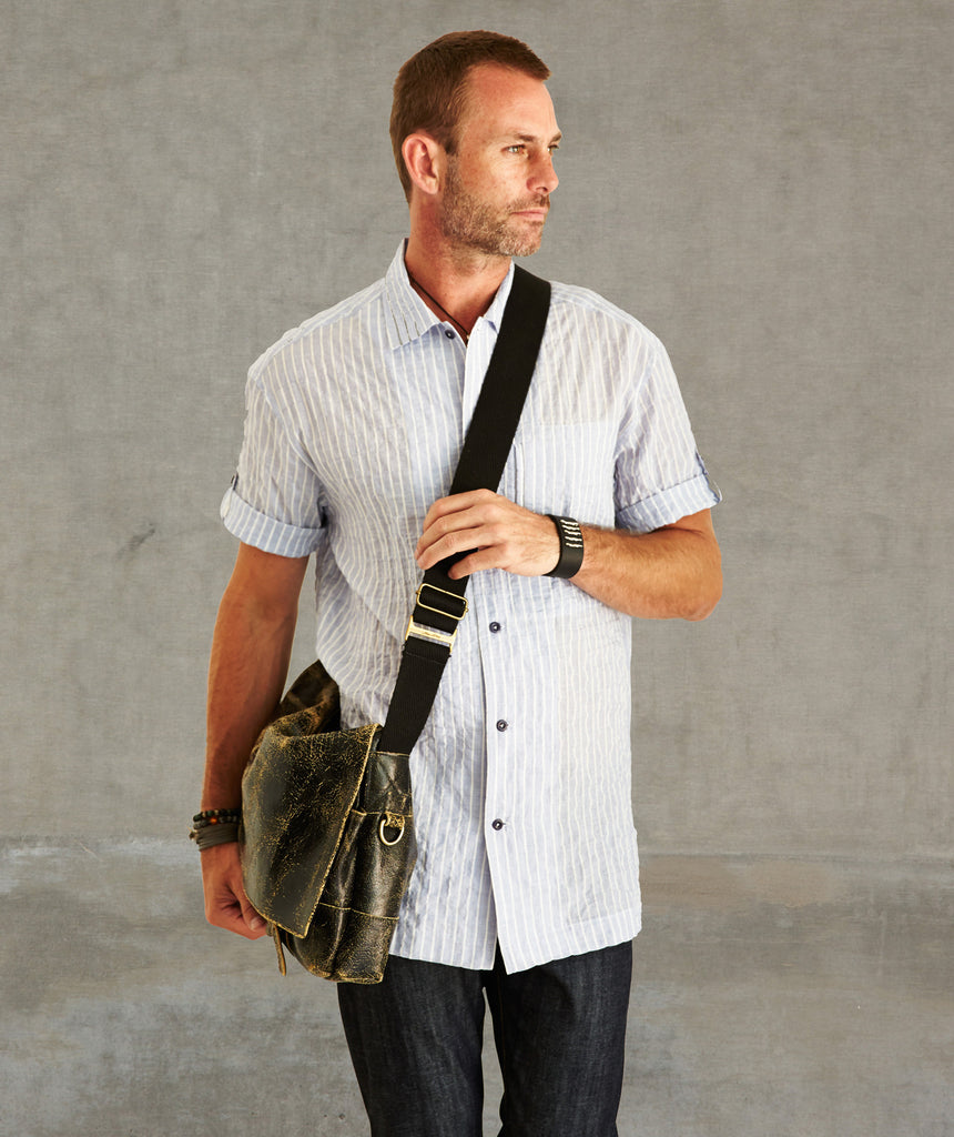 Convertible Short-Sleeve Cotton Wide Stripe Shirt