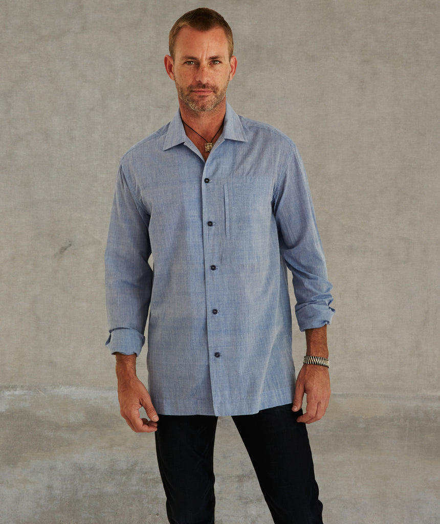 Convertible Collar Khadi Melange Long-Sleeve Shirt