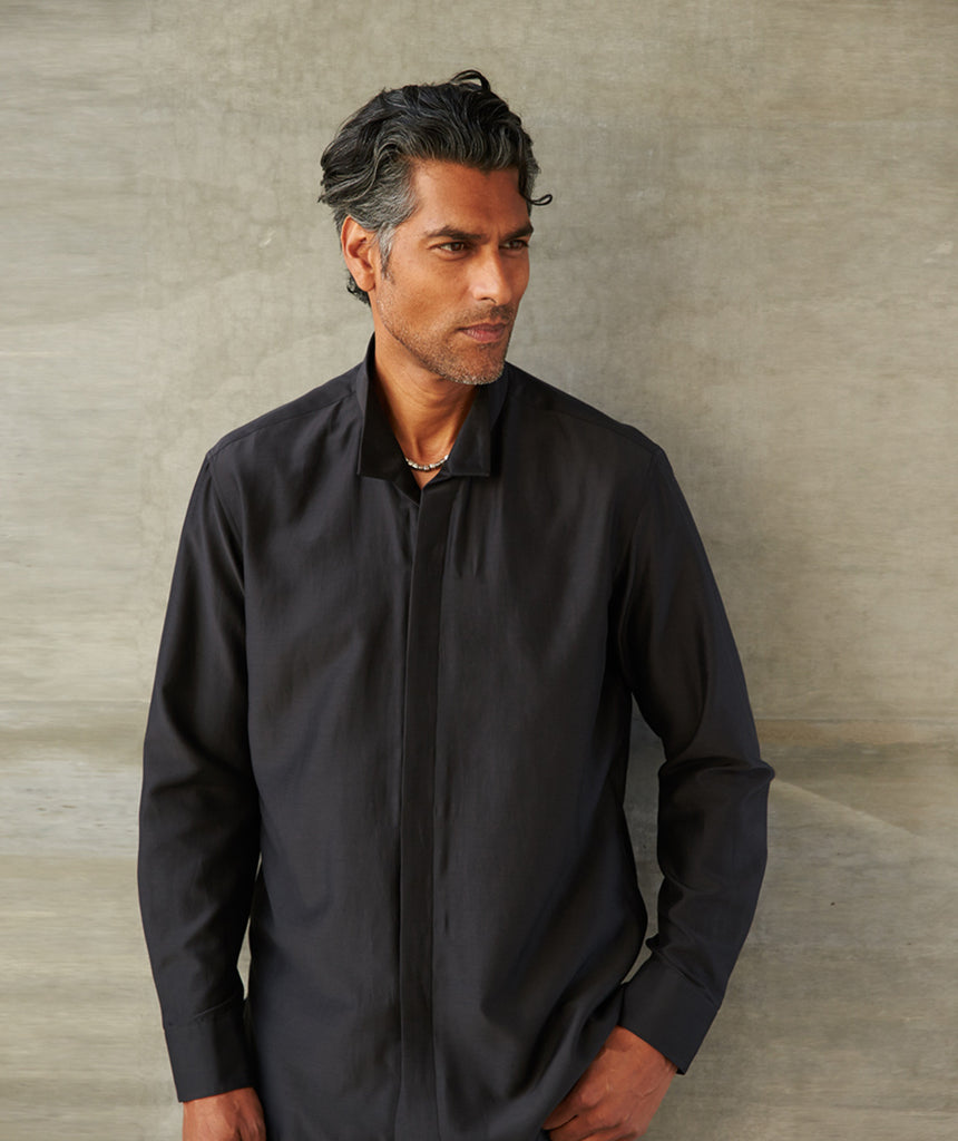 Standing Collar Cotton/Silk Long Shirt