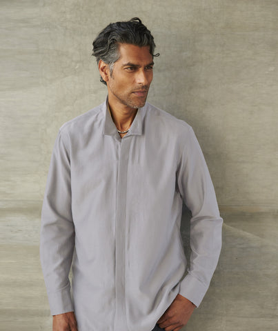 Standing Collar Cotton/Silk Long Shirt