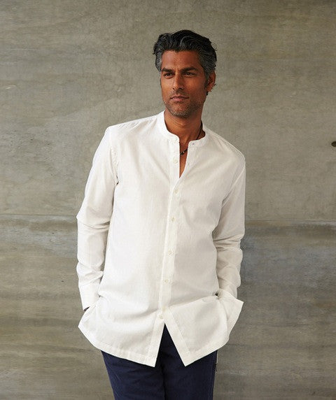 Band Collar Cotton Slim Long-Sleeve Shirt in White