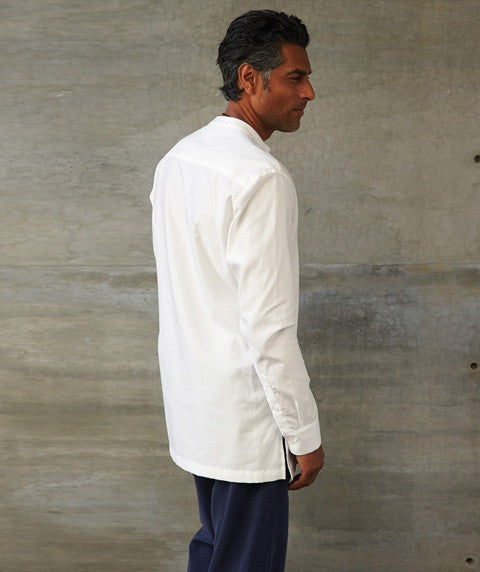 Band Collar Cotton Slim Long-Sleeve Shirt in White