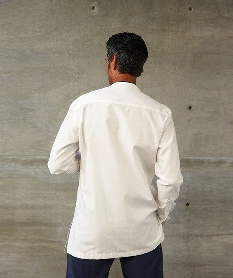 Band Collar Cotton Slim Long-Sleeve Shirt in White