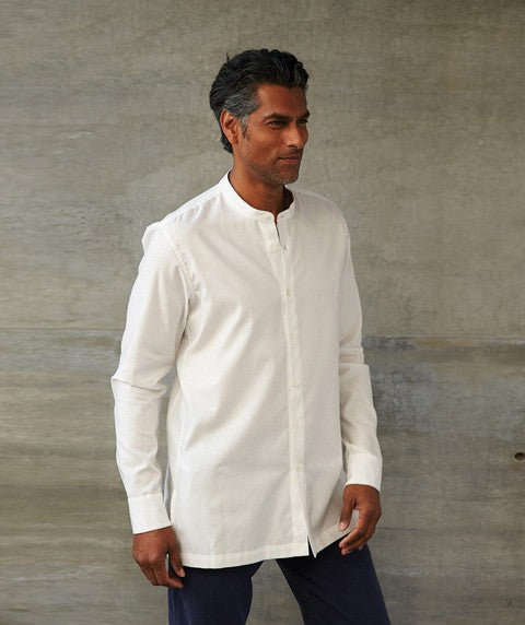 Band Collar Cotton Slim Long-Sleeve Shirt in White